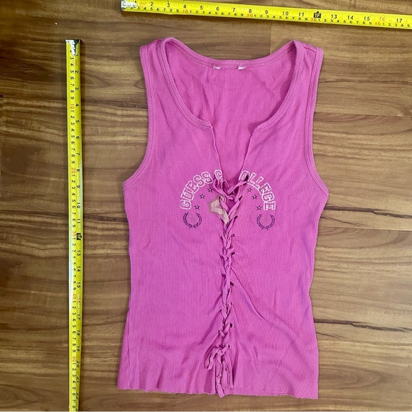 Guess Tops - Guess Pink Lace up Tie Front Fitted Ribbed Tank Top